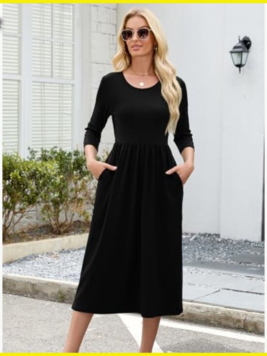 Casual 3/4 Sleeve Midi Dress A-Line Tiered Flowy Loose Fit with Pockets - Picture 3 of 5